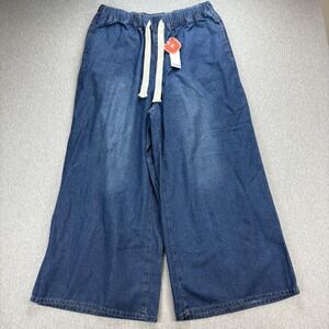 Cider Wide Leg Denim Pants in Dark Blue with Cream Drawstring